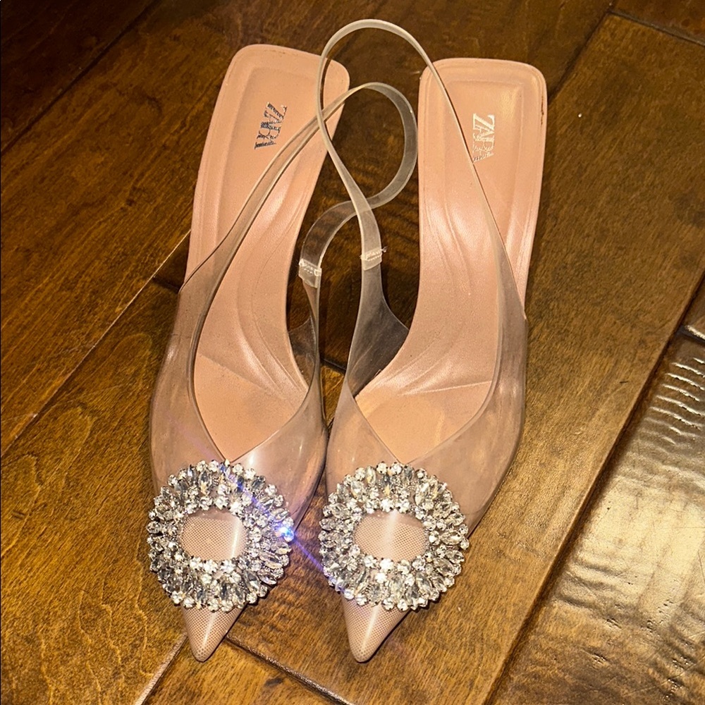 Zara Cream and Tan Slingback Heels with Crystal Embellishment